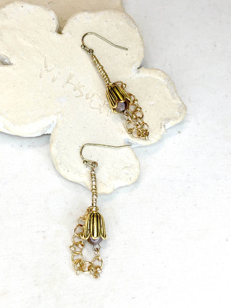 Budding Series No.4 | Agar beads, Recycled Beads x Antique Bronze Hook Earrings | 60mmx12mm